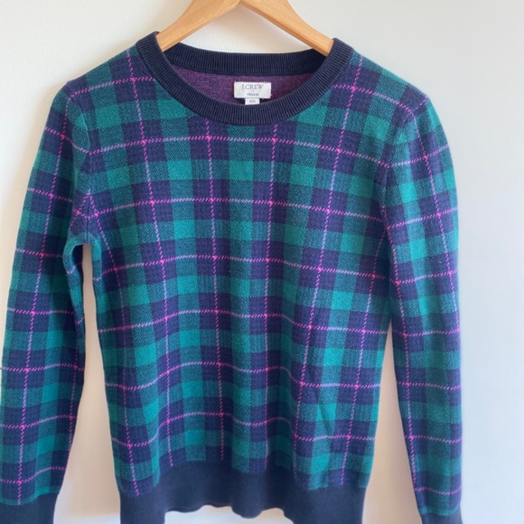 J.Crew Teddie Sweater XS • Cotton Crewneck • Preppy Plaid Green Blue Pink - Picture 4 of 9